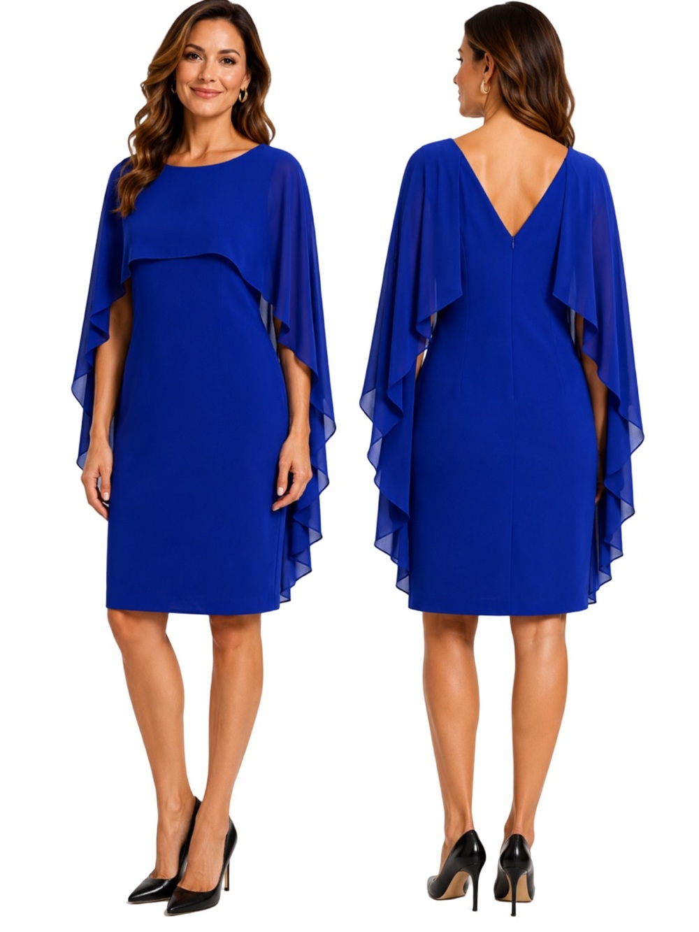 ESCADA Doriasa Cobalt Blue Cape Sheath Dress Size 46 Luxury